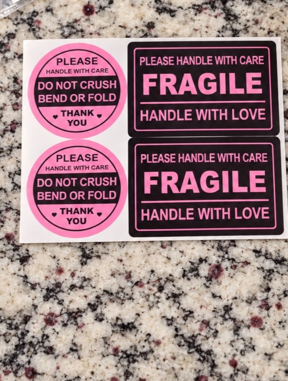 100 Black & Pink Fragile Handle With Care Thank You Shipping Packaging Stickers